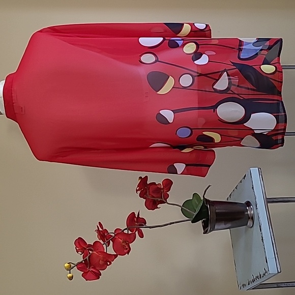 NEW Vintage Liz Baker Tunic Top Semi-sheer Chiffon Bright Red Poppies Print Lrge - Picture 3 of 9